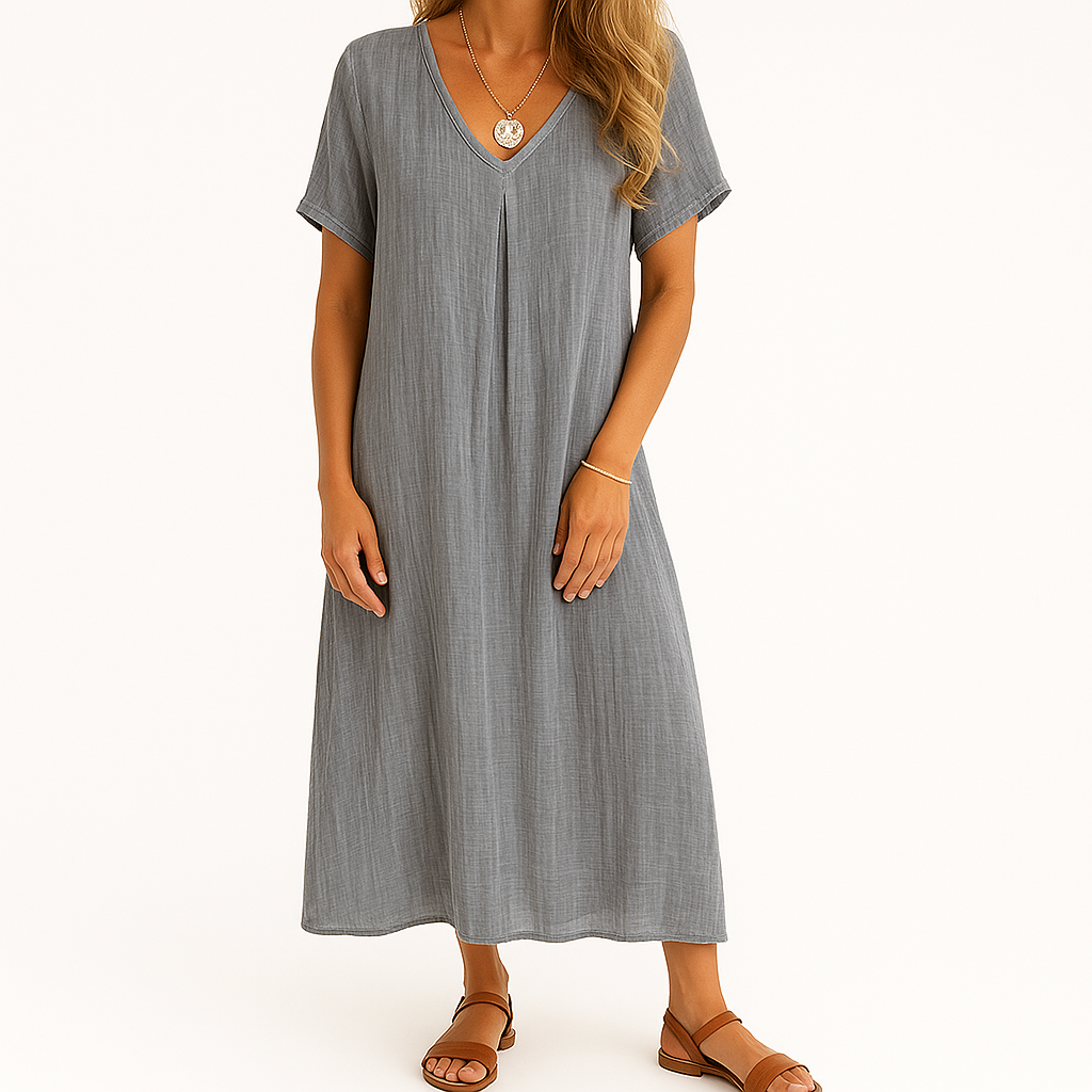 Frida Dress | Women’s V-Neck Cotton Blend Dress with Short Sleeves and Relaxed Fit