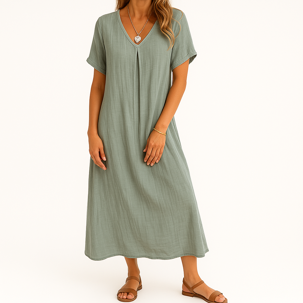 Frida Dress | Women’s V-Neck Cotton Blend Dress with Short Sleeves and Relaxed Fit