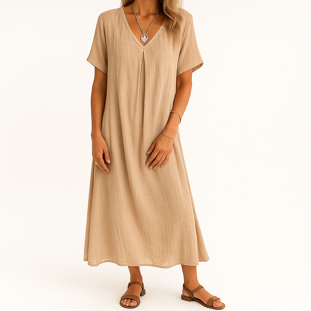 Frida Dress | Women’s V-Neck Cotton Blend Dress with Short Sleeves and Relaxed Fit