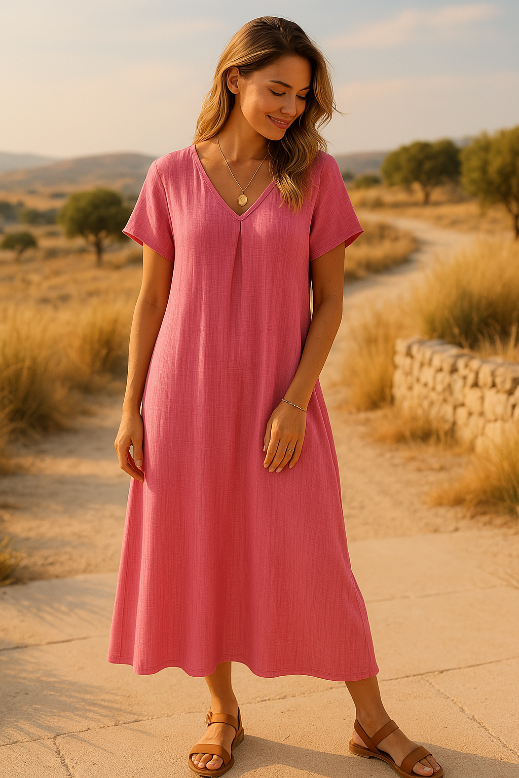 Frida Dress | Women’s V-Neck Cotton Blend Dress with Short Sleeves and Relaxed Fit