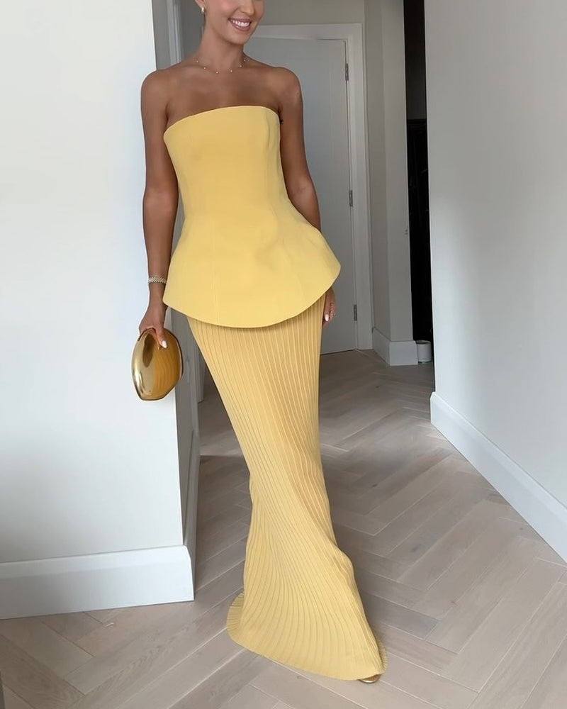 Cevaya Evening Dress | Strapless Yellow Peplum Top with Pleated Maxi Skirt