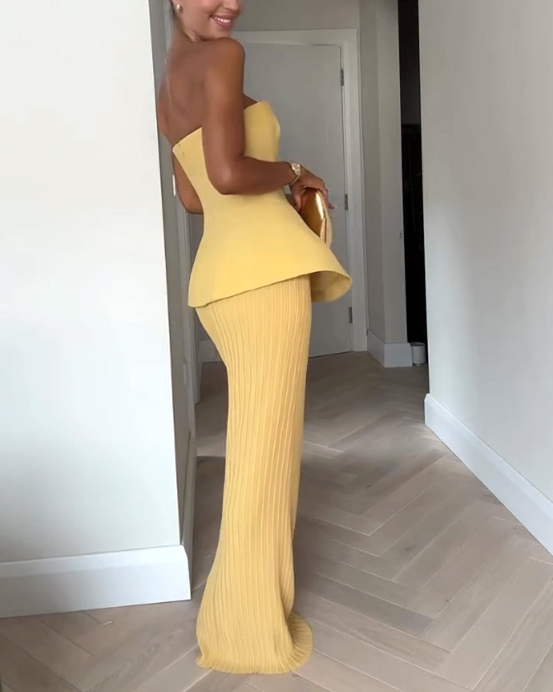 Cevaya Evening Dress | Strapless Yellow Peplum Top with Pleated Maxi Skirt