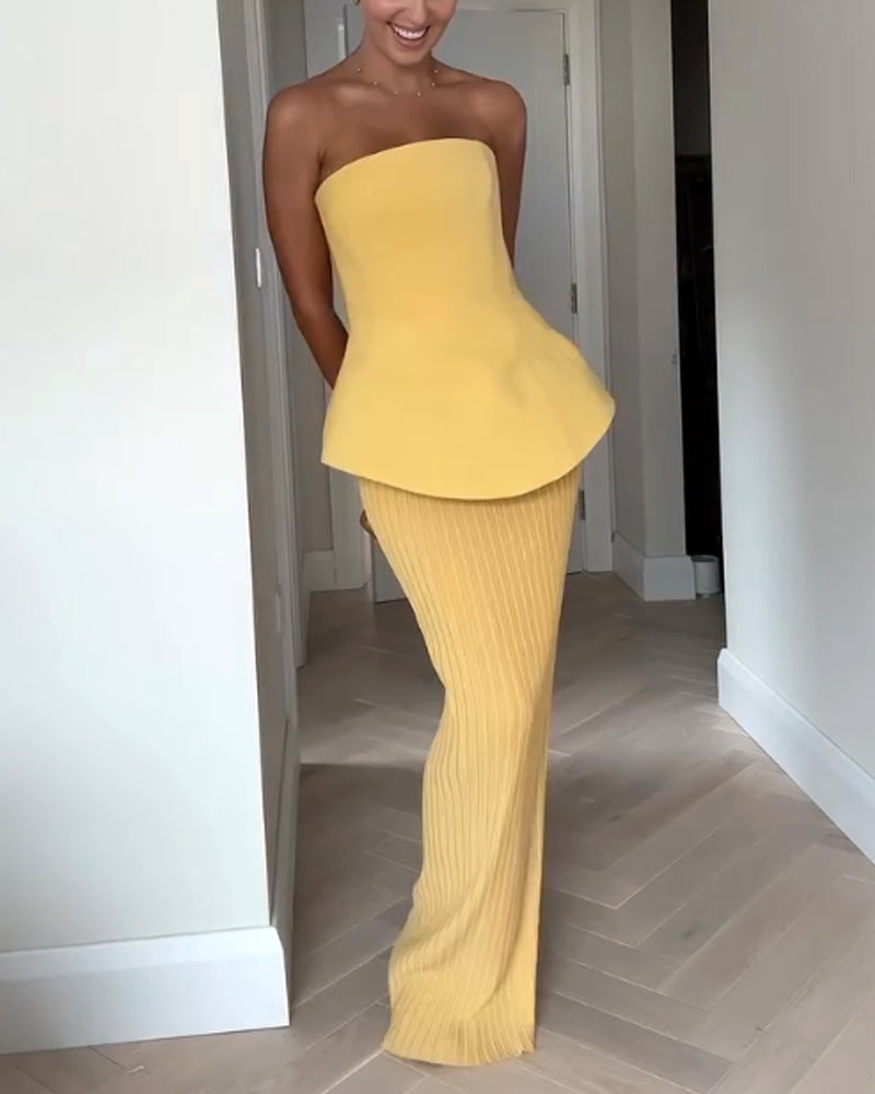 Cevaya Evening Dress | Strapless Yellow Peplum Top with Pleated Maxi Skirt