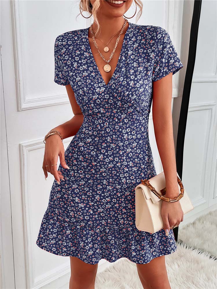 Cerinae Mini Dress | Black Floral V-Neck Short-Sleeve Summer Dress