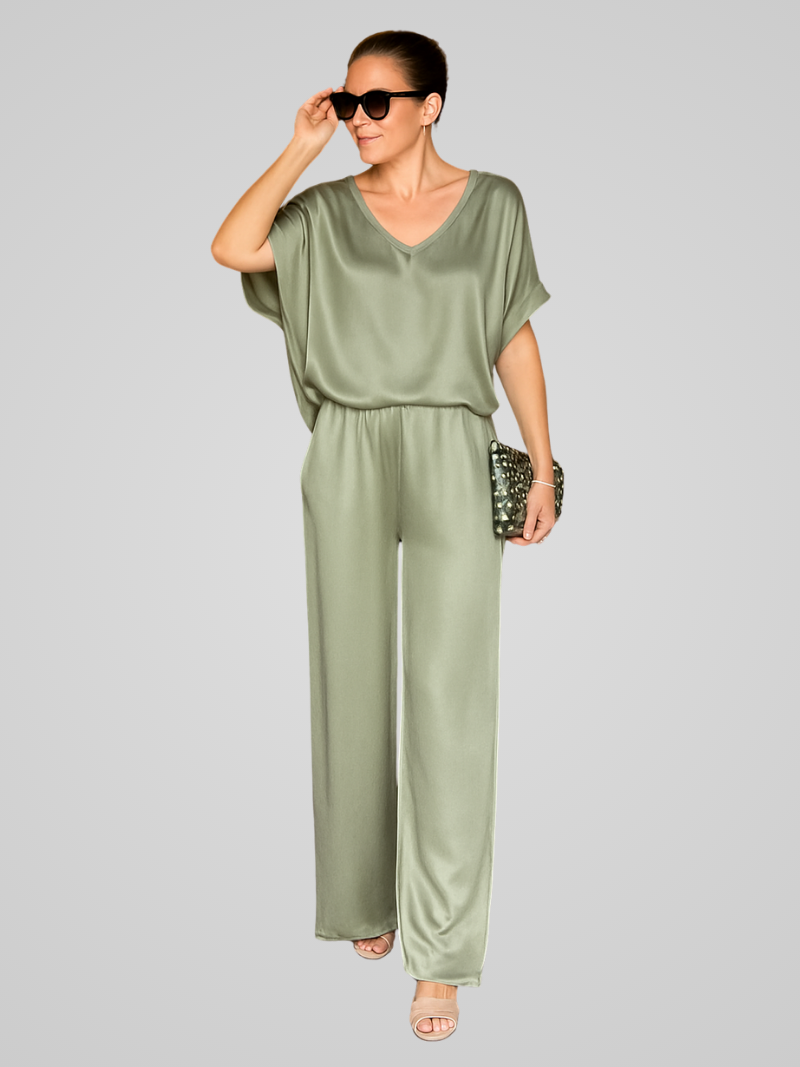 Claevia Jumpsuit | Gold Satin V-Neck Short Sleeve Wide-Leg Jumpsuit