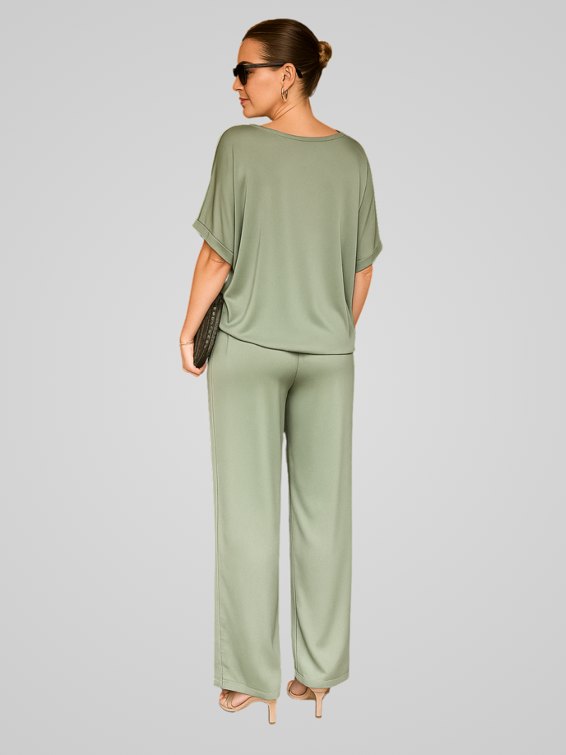 Claevia Jumpsuit | Gold Satin V-Neck Short Sleeve Wide-Leg Jumpsuit