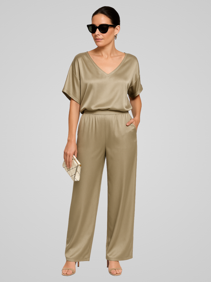 Claevia Jumpsuit | Gold Satin V-Neck Short Sleeve Wide-Leg Jumpsuit