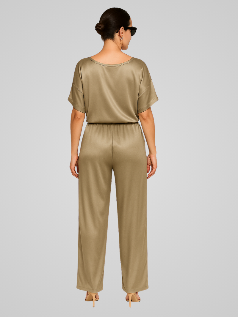 Claevia Jumpsuit | Gold Satin V-Neck Short Sleeve Wide-Leg Jumpsuit