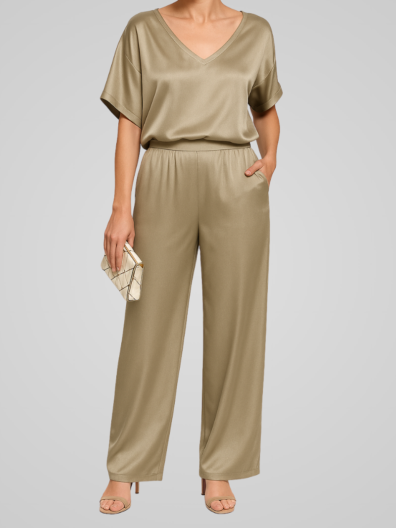 Claevia Jumpsuit | Gold Satin V-Neck Short Sleeve Wide-Leg Jumpsuit