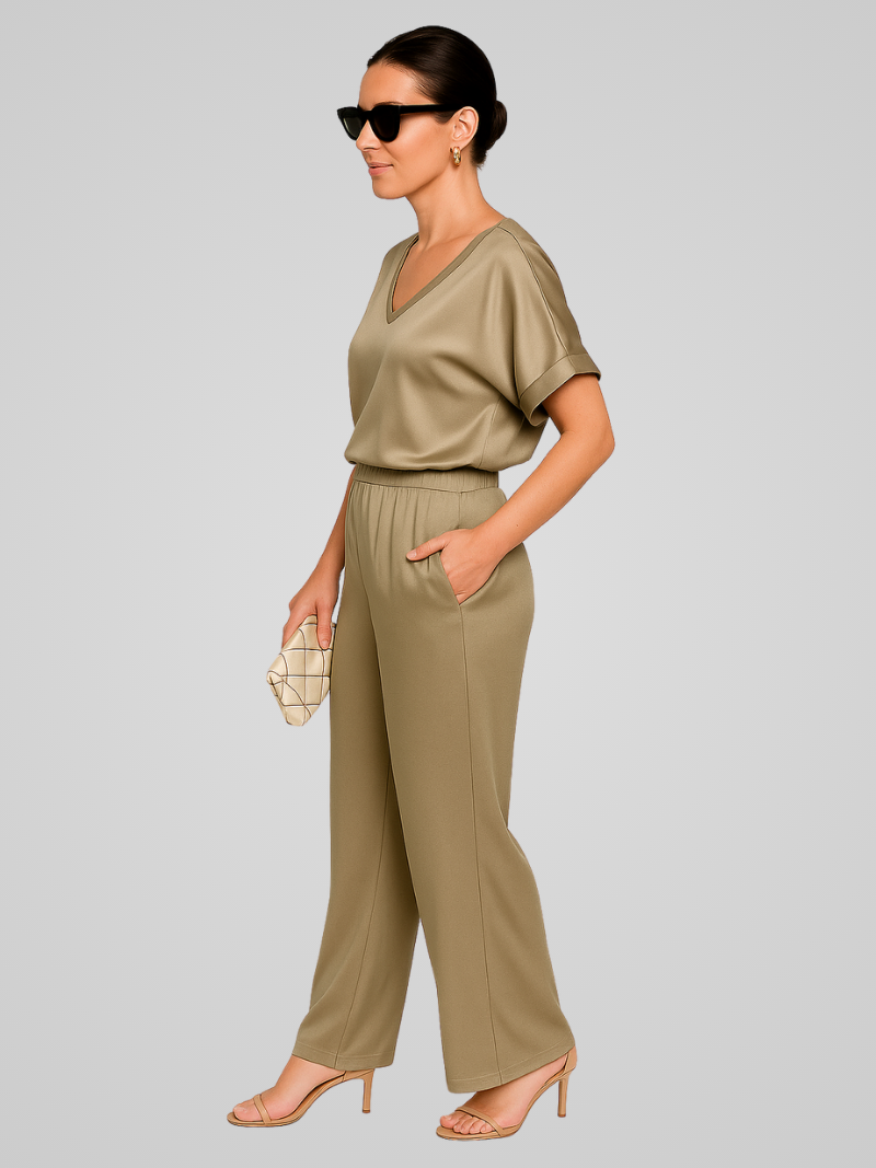 Claevia Jumpsuit | Gold Satin V-Neck Short Sleeve Wide-Leg Jumpsuit