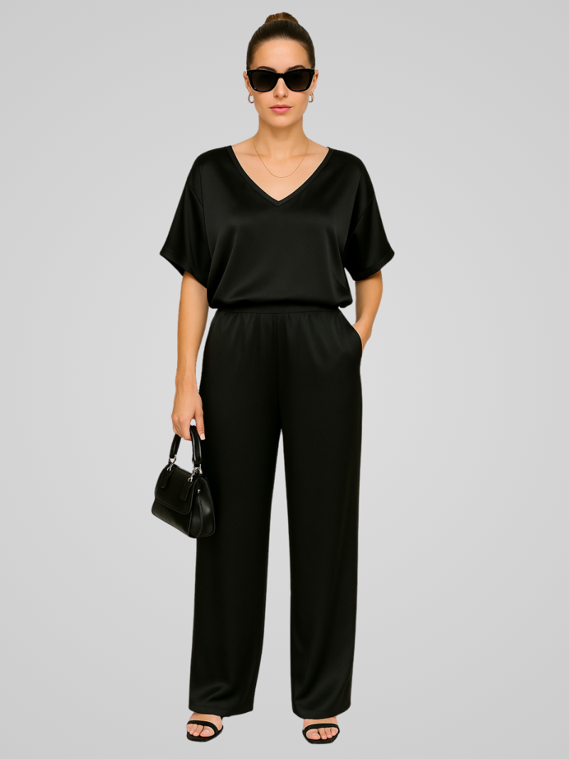 Claevia Jumpsuit | Gold Satin V-Neck Short Sleeve Wide-Leg Jumpsuit