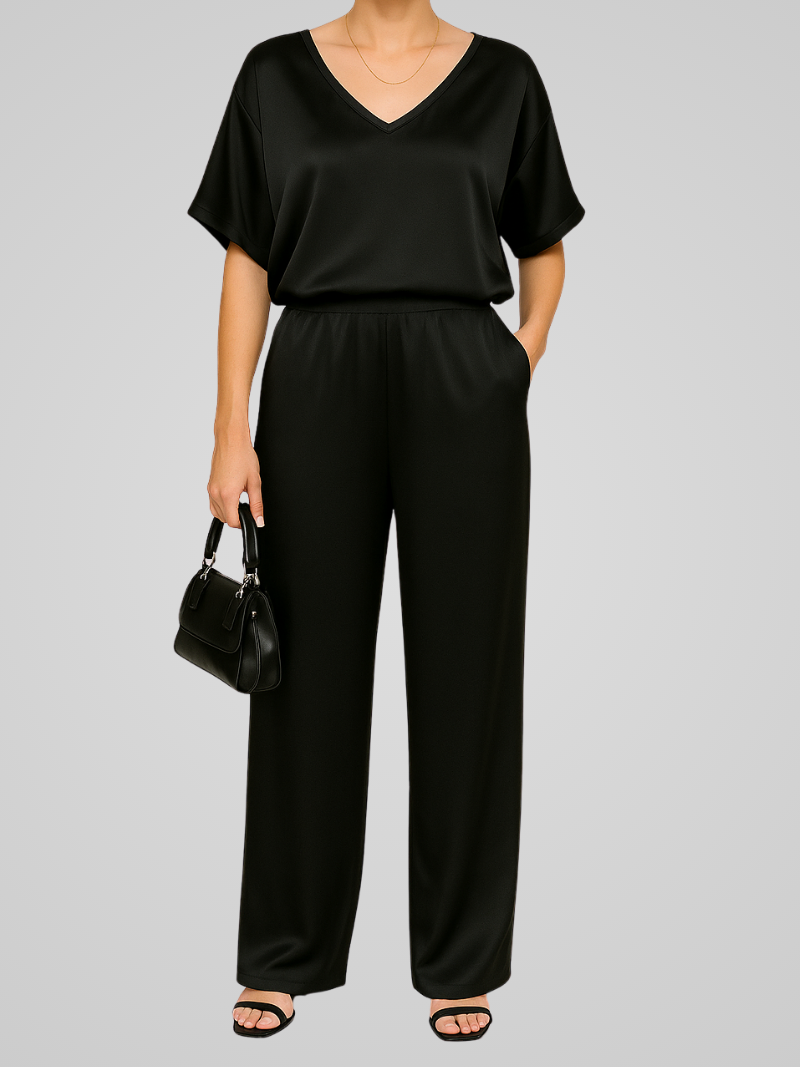 Claevia Jumpsuit | Gold Satin V-Neck Short Sleeve Wide-Leg Jumpsuit