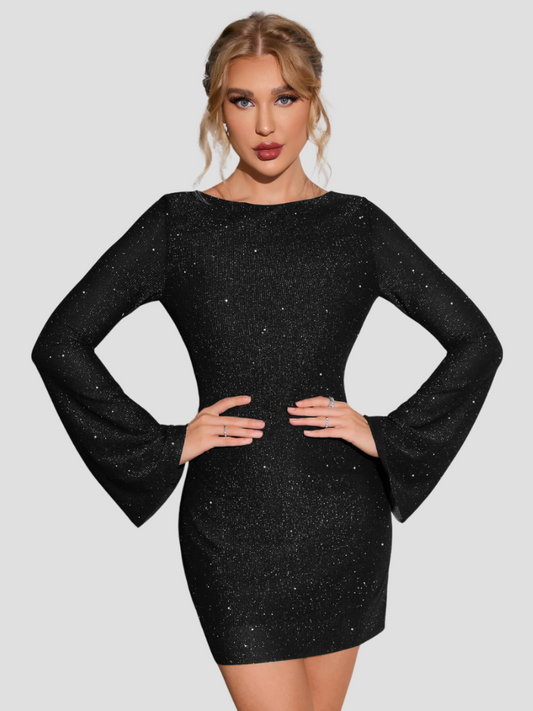 Camilith Mini Dress | Glitter Bodycon Dress with Flared Long Sleeves