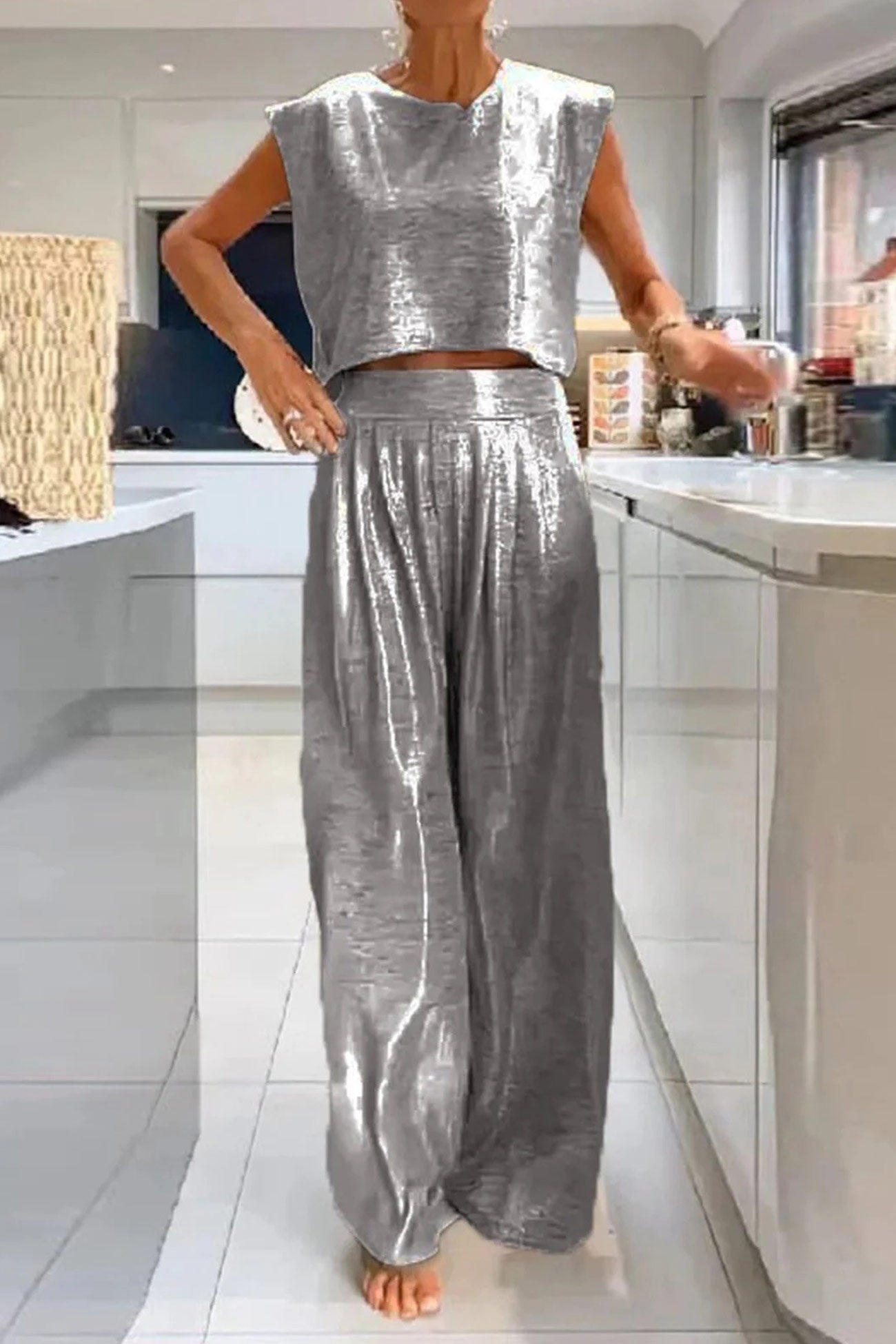 Danirae Two-Piece Set | Metallic Crop Top and Wide-Leg Pants Co-ord