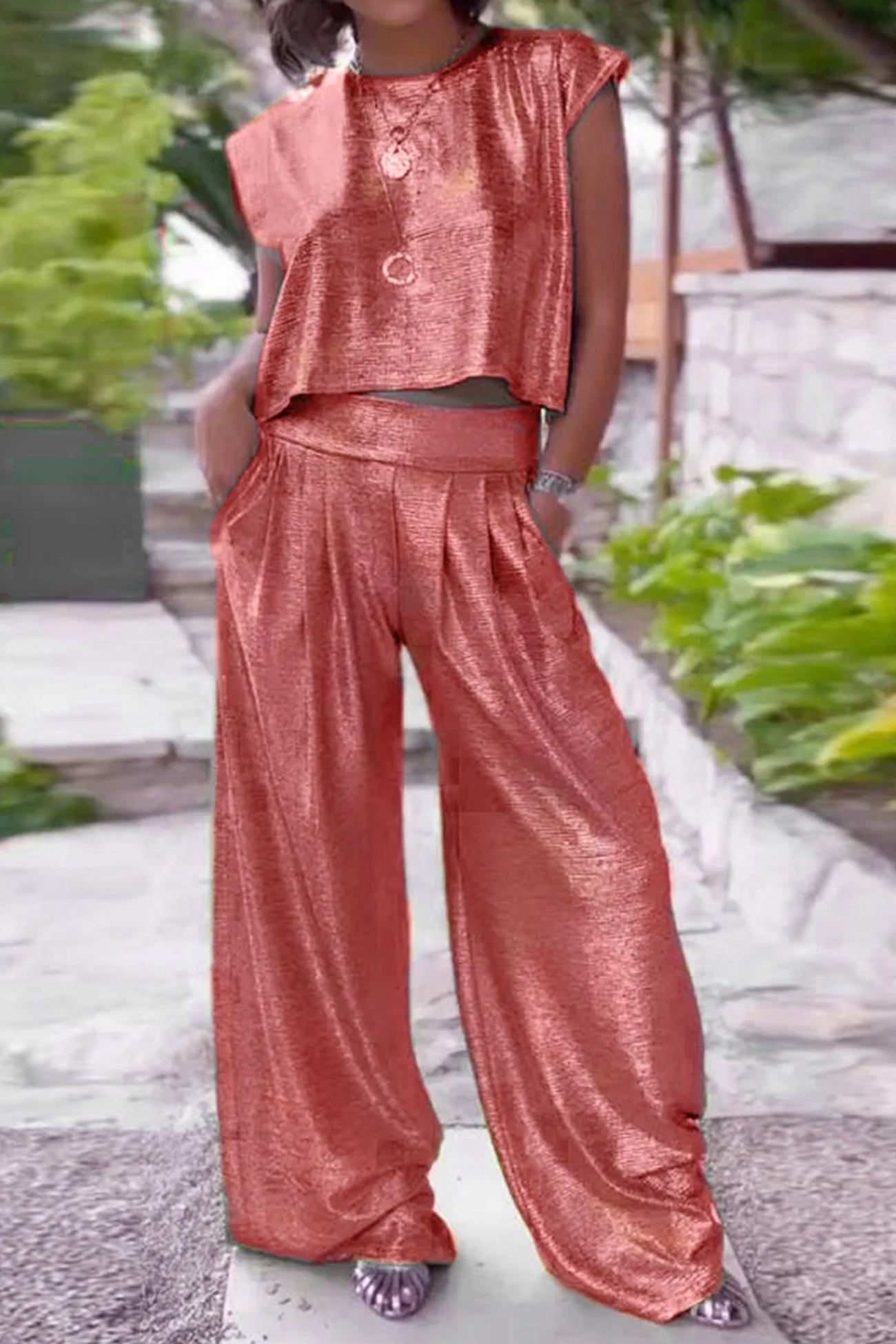 Danirae Two-Piece Set | Metallic Crop Top and Wide-Leg Pants Co-ord