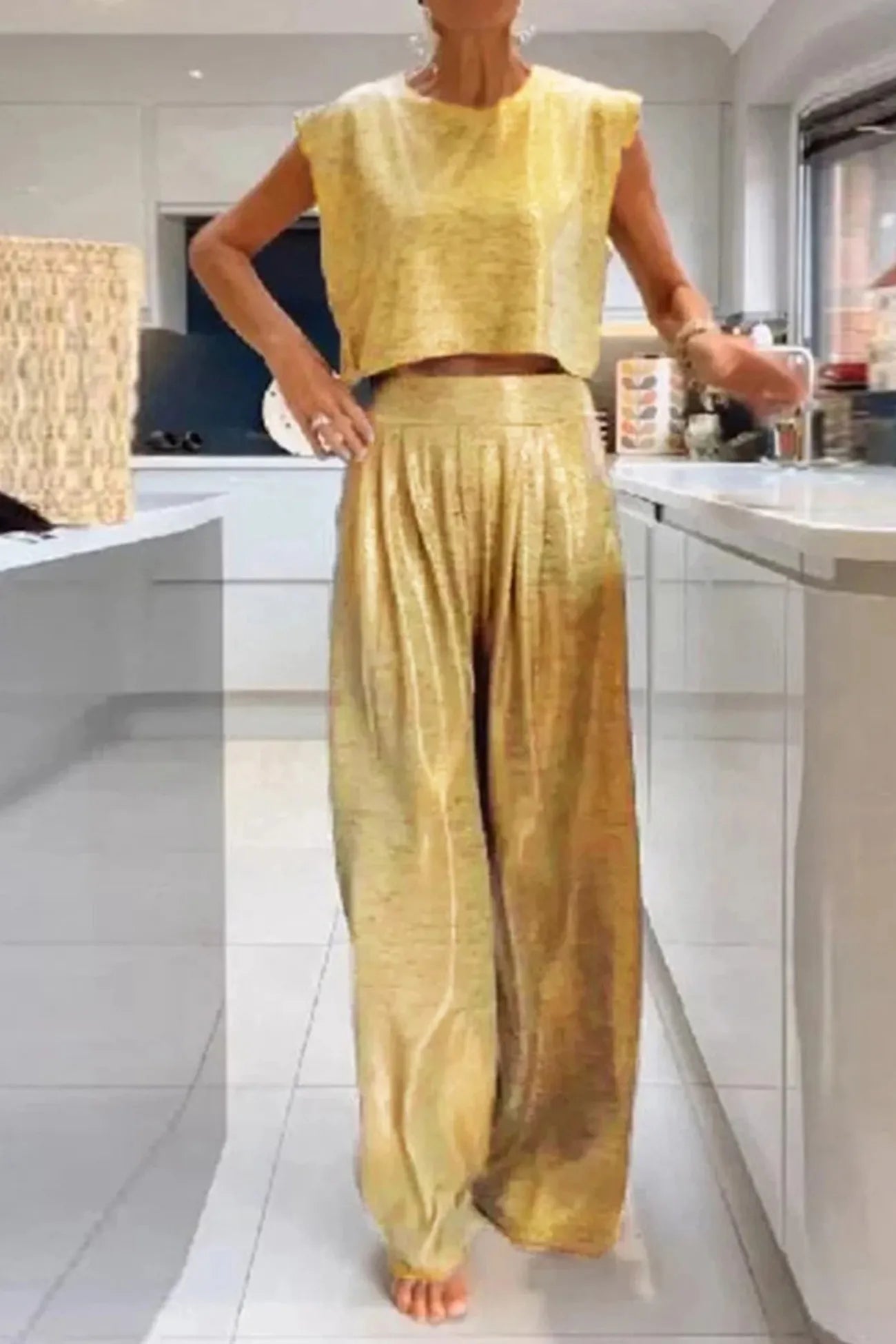 Danirae Two-Piece Set | Metallic Crop Top and Wide-Leg Pants Co-ord
