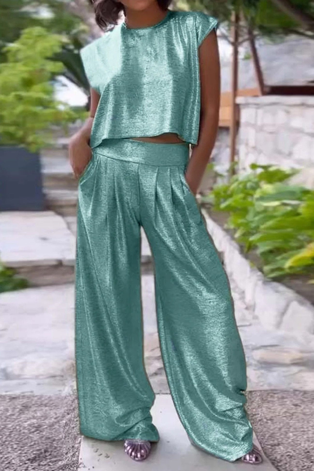 Danirae Two-Piece Set | Metallic Crop Top and Wide-Leg Pants Co-ord