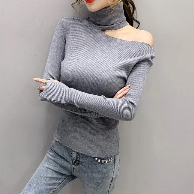 Isabella Sweater | Asymmetric Cut-Out Ribbed Turtleneck Sweater