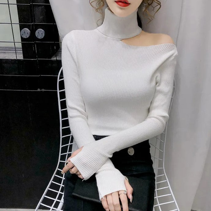 Isabella Sweater | Asymmetric Cut-Out Ribbed Turtleneck Sweater