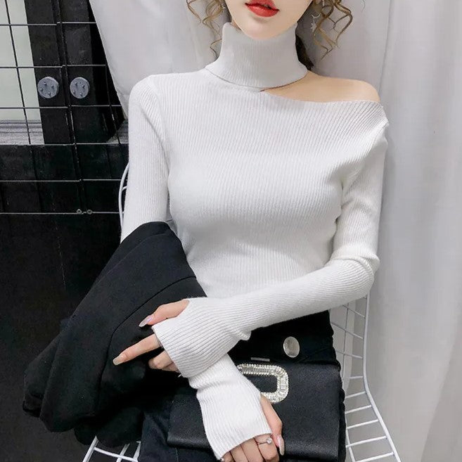 Isabella Sweater | Asymmetric Cut-Out Ribbed Turtleneck Sweater