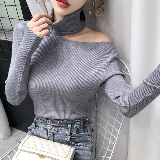 Isabella Sweater | Asymmetric Cut-Out Ribbed Turtleneck Sweater