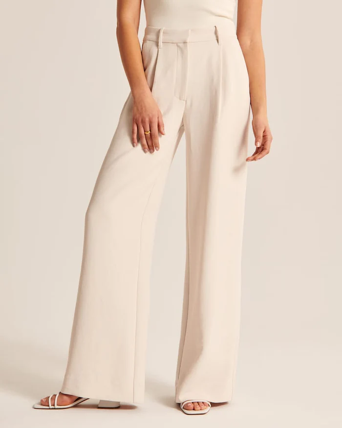 Velina Pants | Tailored Wide-Leg Trousers in Beige