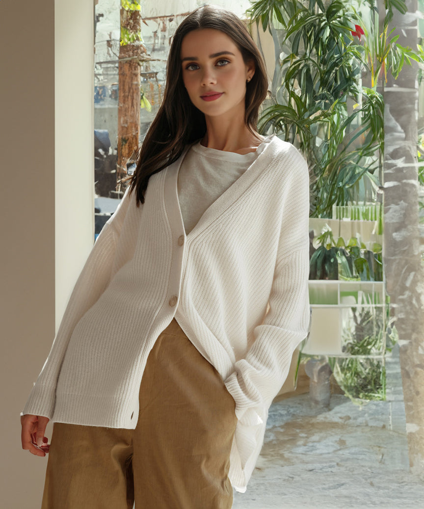 Qamaria Cardigan | Women's Autumn Oversized Button Cardigan with Ribbed Knit