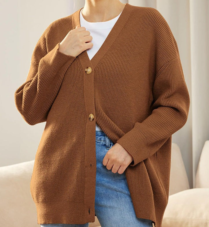Qamaria Cardigan | Women's Autumn Oversized Button Cardigan with Ribbed Knit