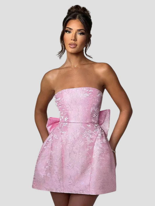 Calinor Mini Dress | Pink Strapless Jacquard Dress with Back Bow