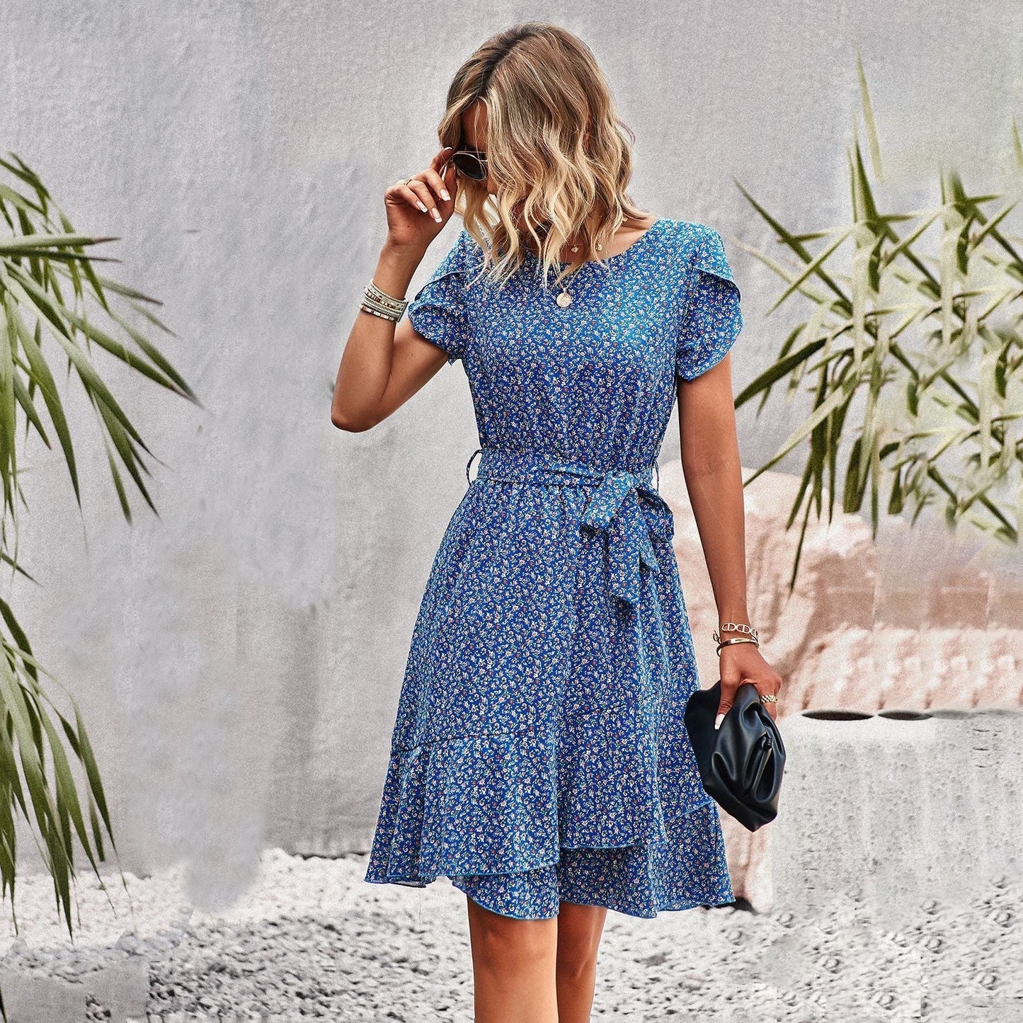 Caliora Summer Dress | Short Sleeve Floral Belted Midi Dress