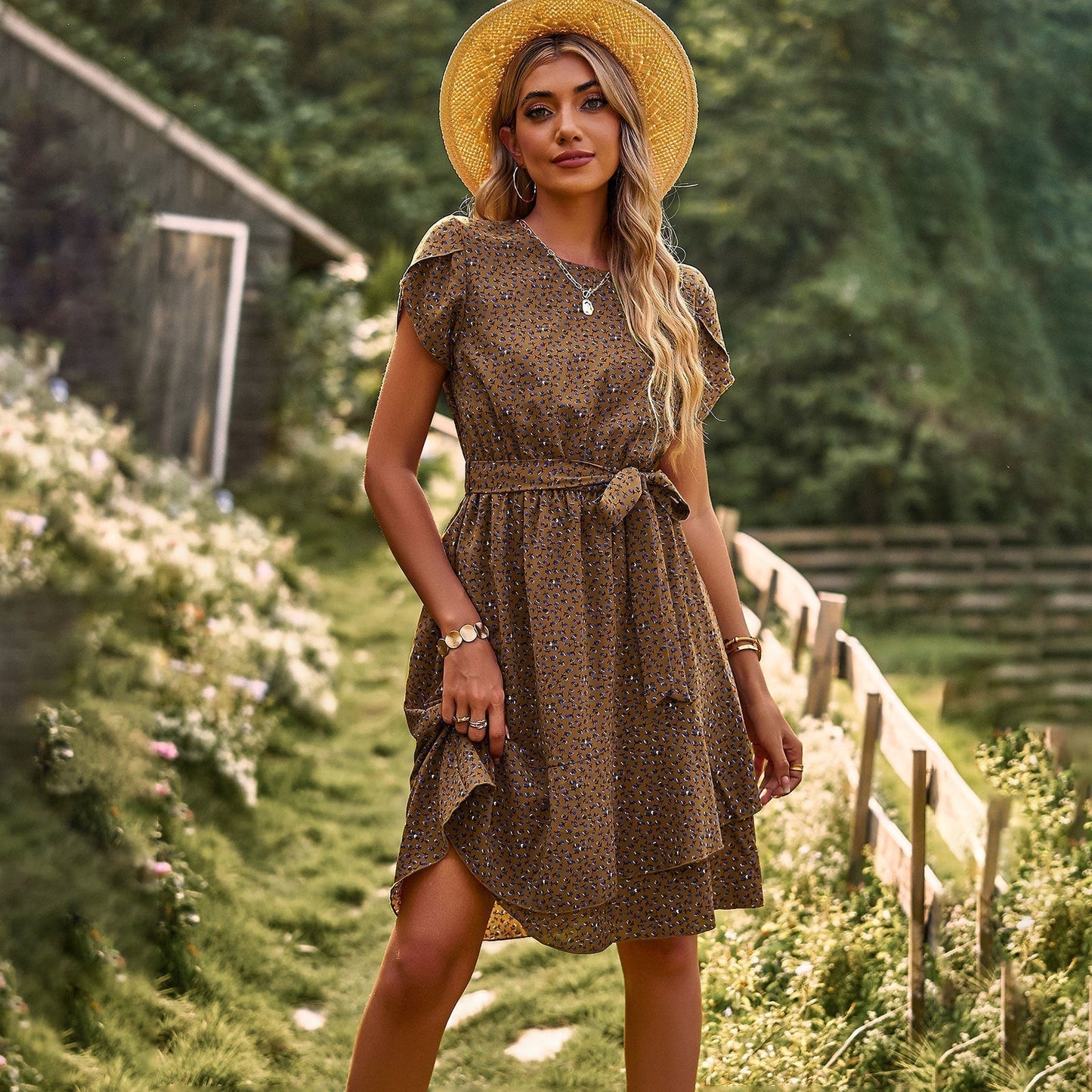 Caliora Summer Dress | Short Sleeve Floral Belted Midi Dress