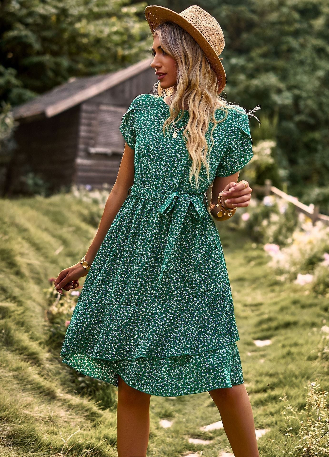 Caliora Summer Dress | Short Sleeve Floral Belted Midi Dress