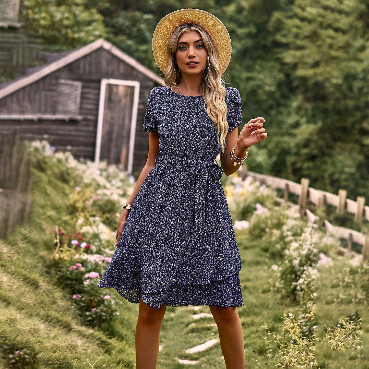 Caliora Summer Dress | Short Sleeve Floral Belted Midi Dress