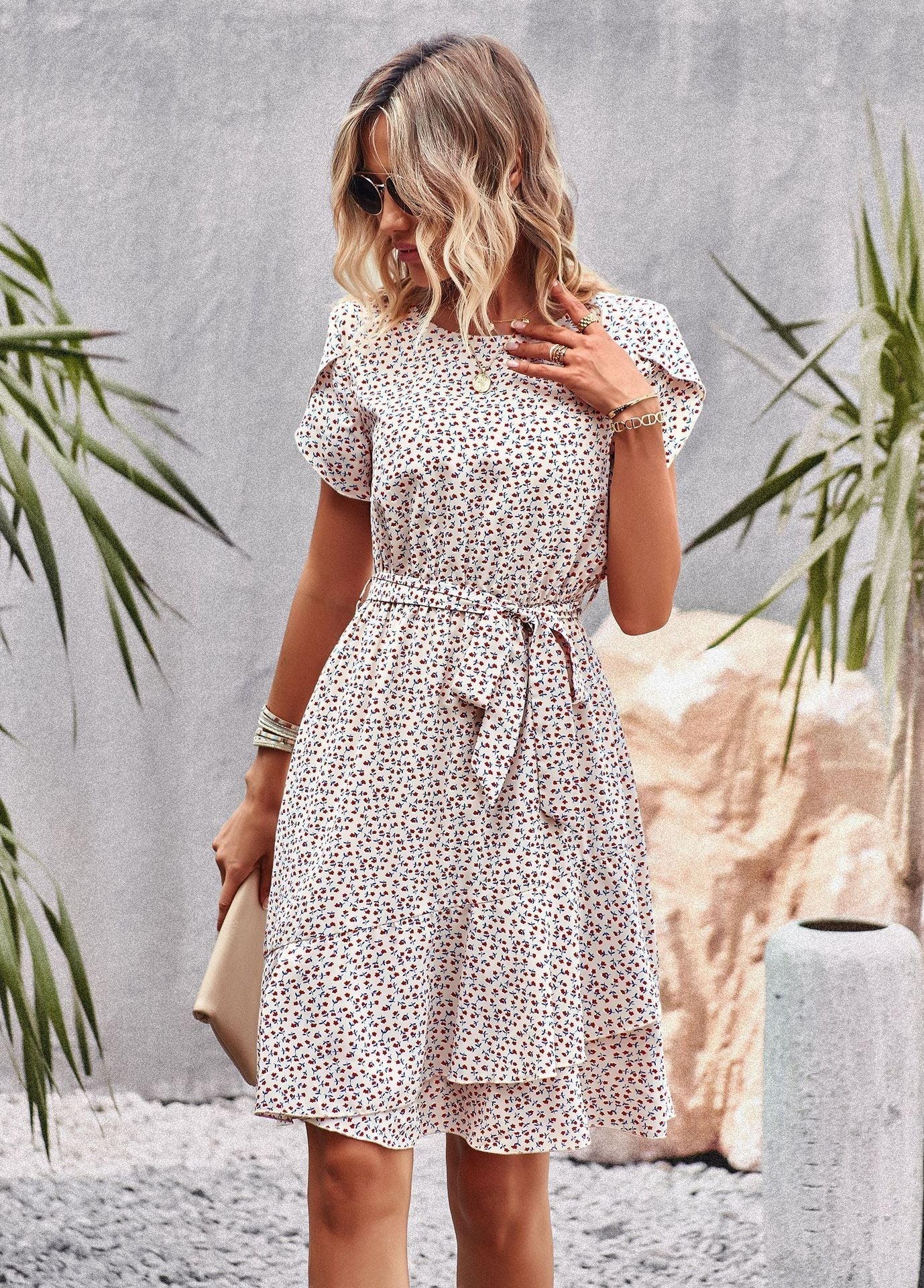 Caliora Summer Dress | Short Sleeve Floral Belted Midi Dress