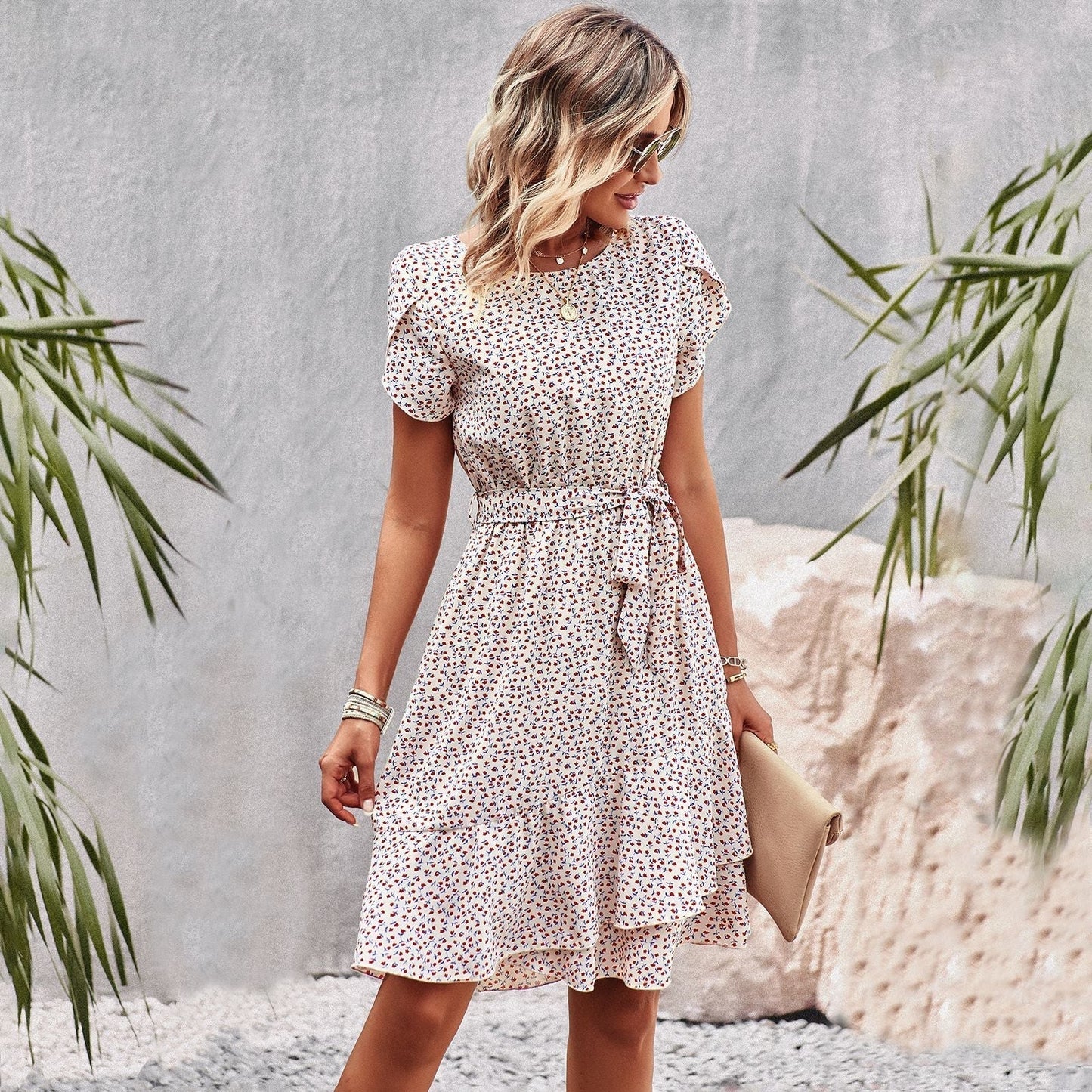 Caliora Summer Dress | Short Sleeve Floral Belted Midi Dress