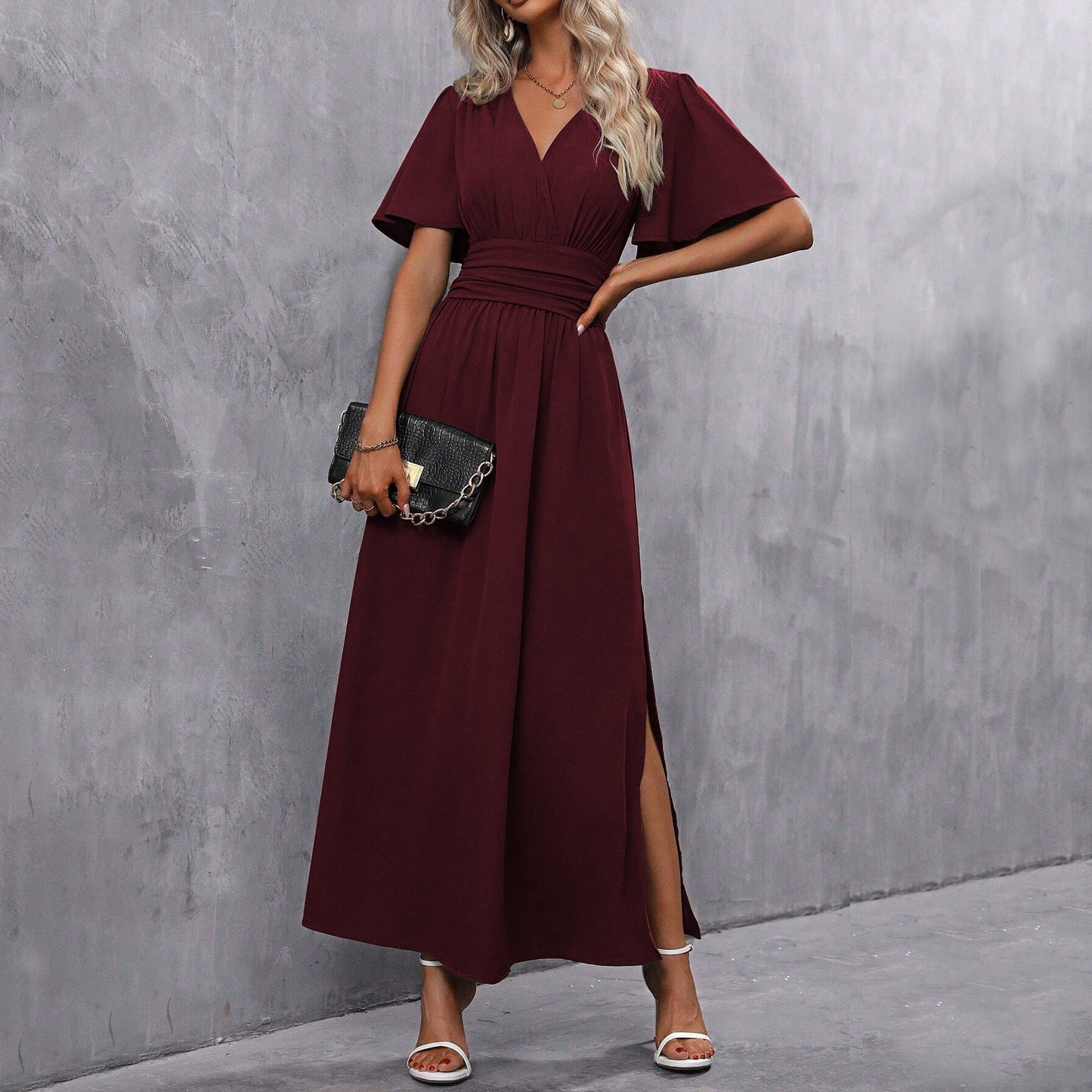 Qoria Dress | Women's Autumn V-Neck Maxi Dress with Side Slit