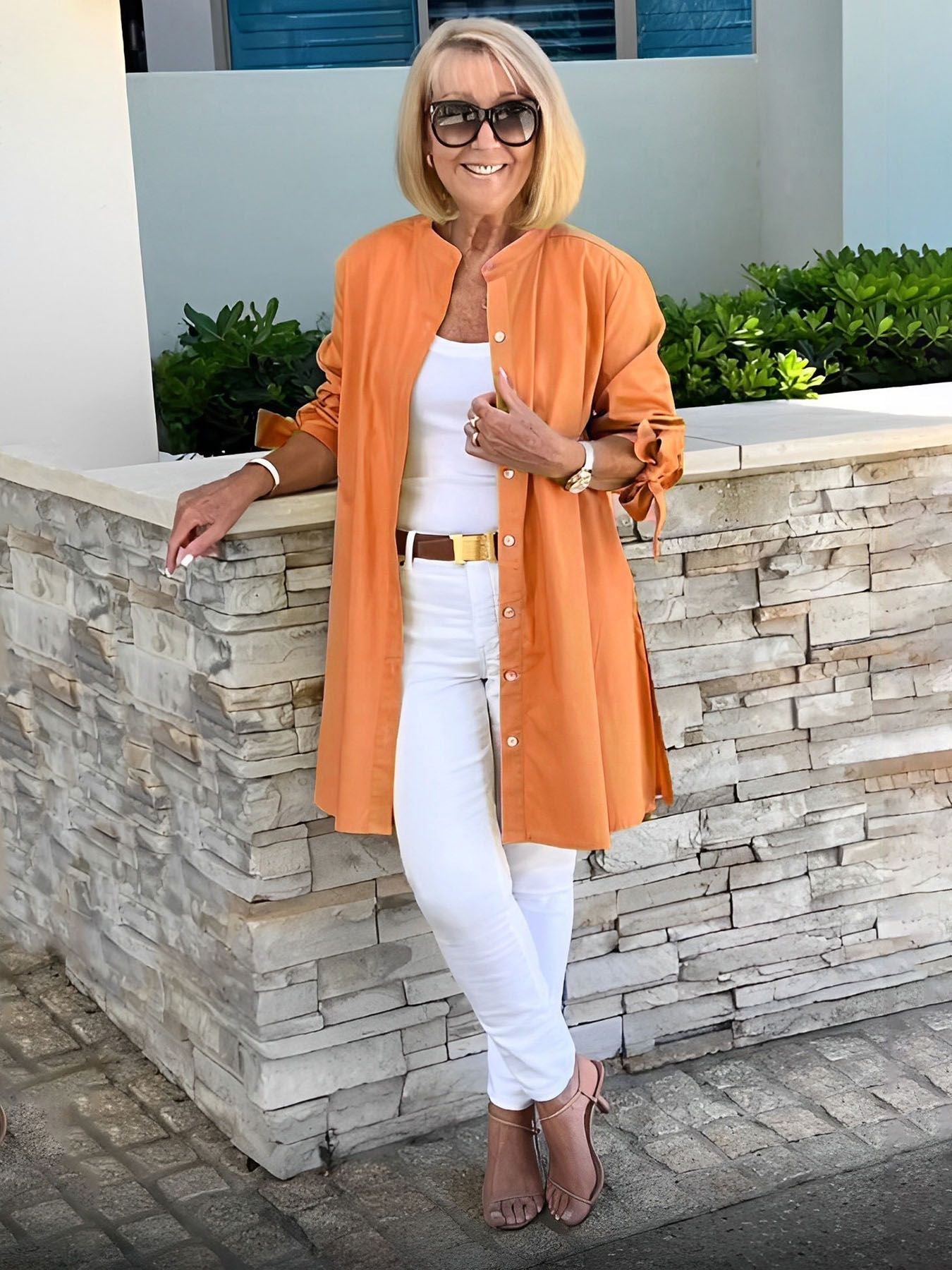 Qistina Long Button-Up Blouse | Women’s Autumn Pleated Back Shirt with Tie Sleeves