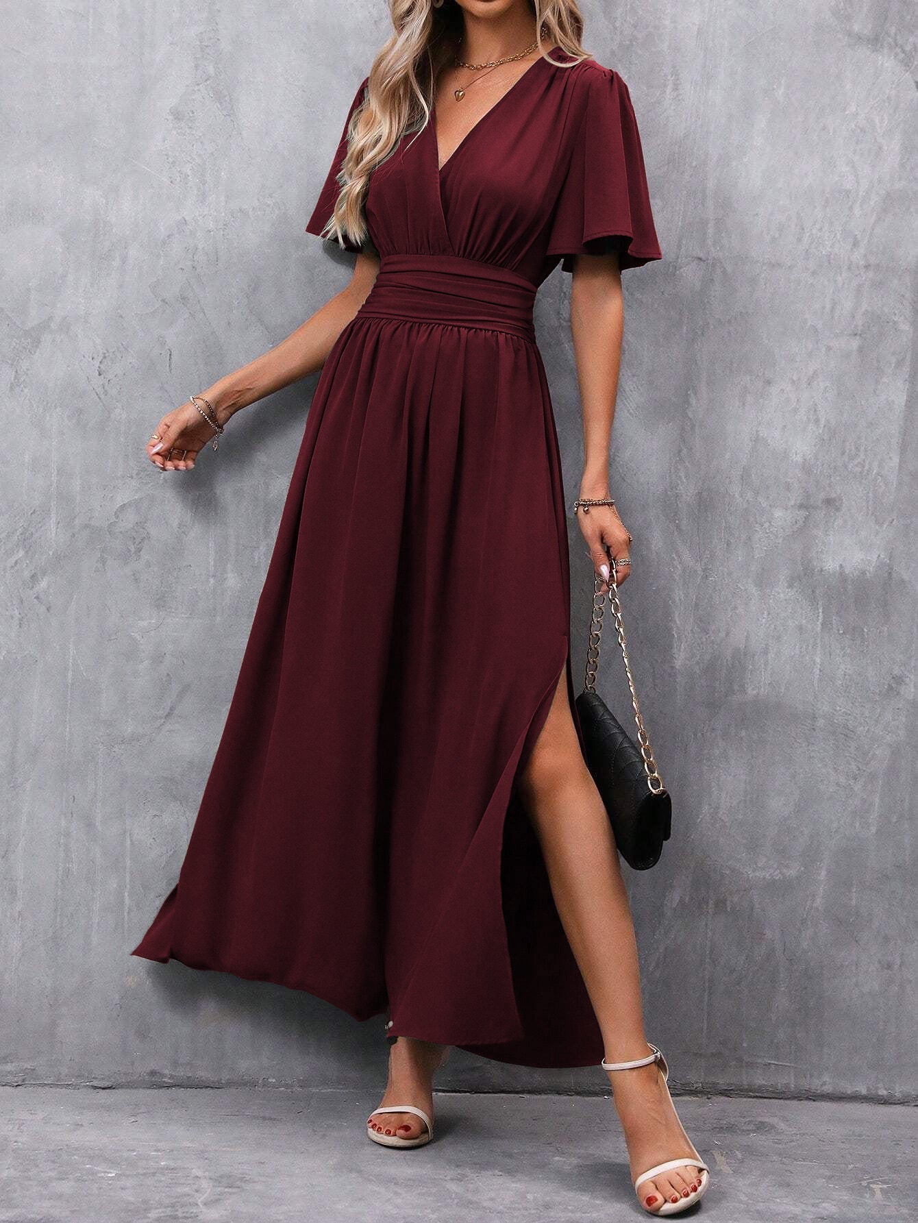 Qoria Dress | Women's Autumn V-Neck Maxi Dress with Side Slit