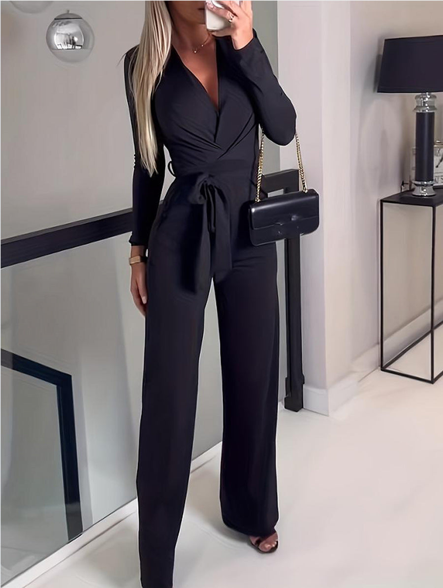 Qistina Jumpsuit | Women's Autumn V-Neck Wrap Jumpsuit with Wide-Leg Pants
