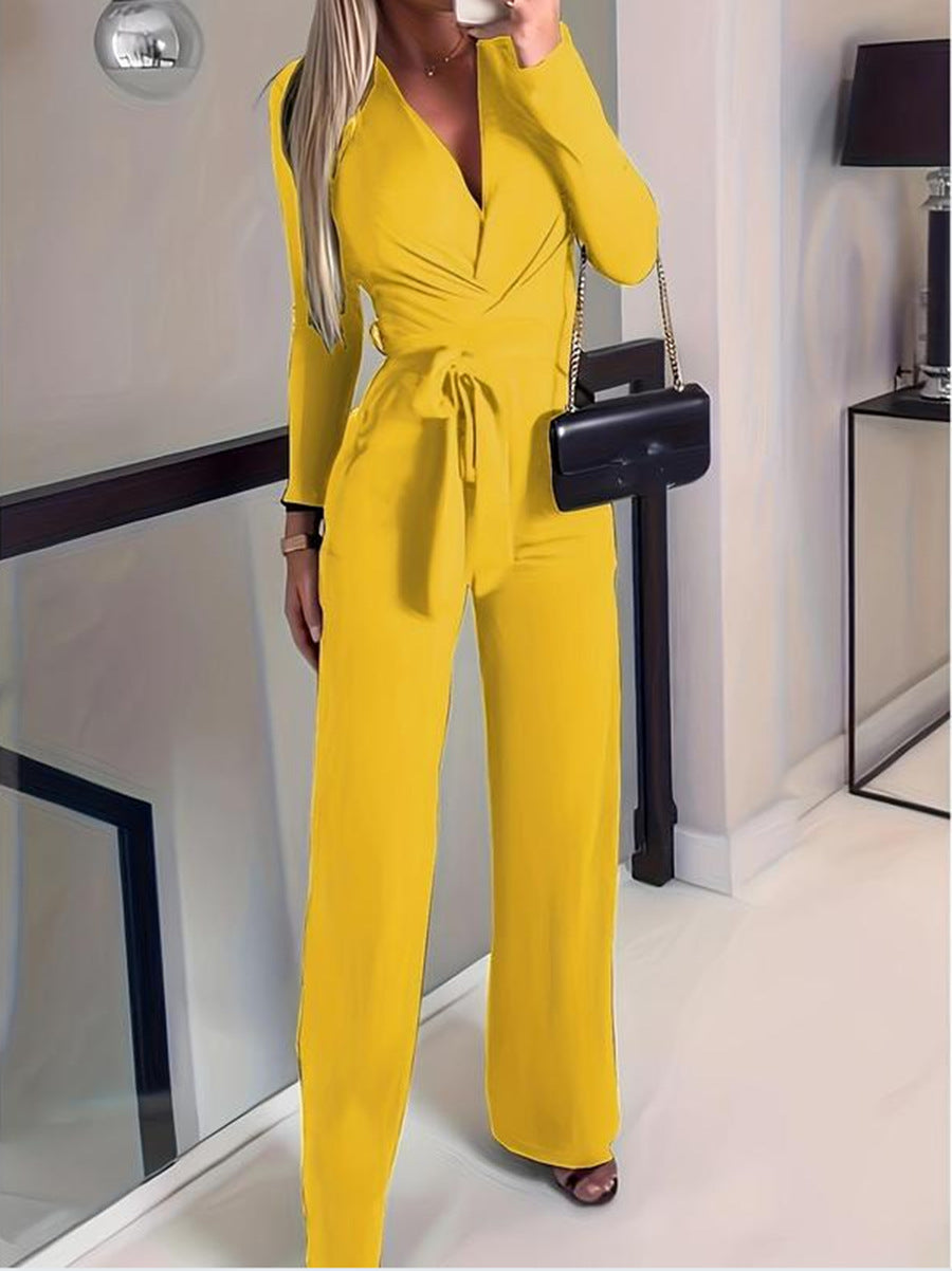Qistina Jumpsuit | Women's Autumn V-Neck Wrap Jumpsuit with Wide-Leg Pants