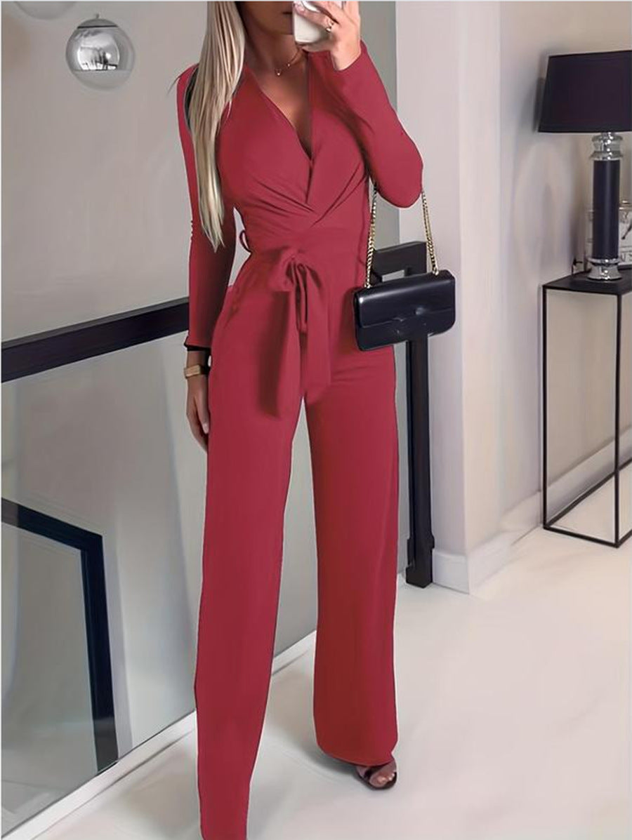 Qistina Jumpsuit | Women's Autumn V-Neck Wrap Jumpsuit with Wide-Leg Pants