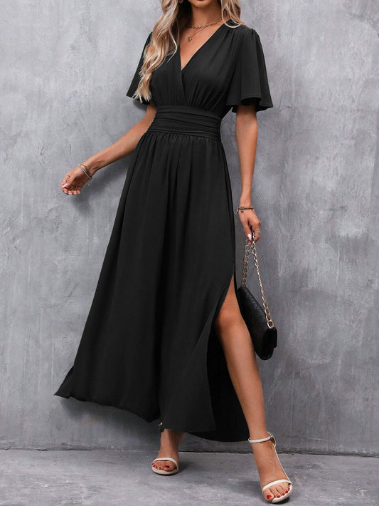 Qoria Dress | Women's Autumn V-Neck Maxi Dress with Side Slit