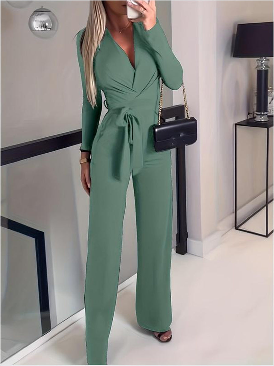 Qistina Jumpsuit | Women's Autumn V-Neck Wrap Jumpsuit with Wide-Leg Pants