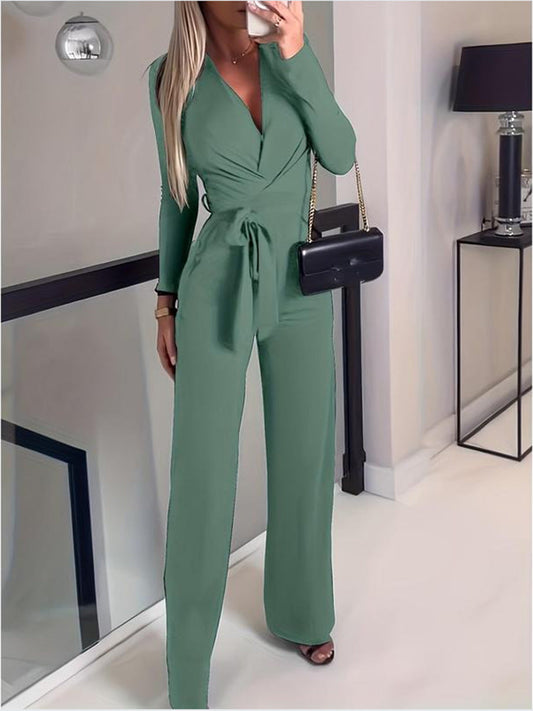Qistina Jumpsuit | Women's Autumn V-Neck Wrap Jumpsuit with Wide-Leg Pants