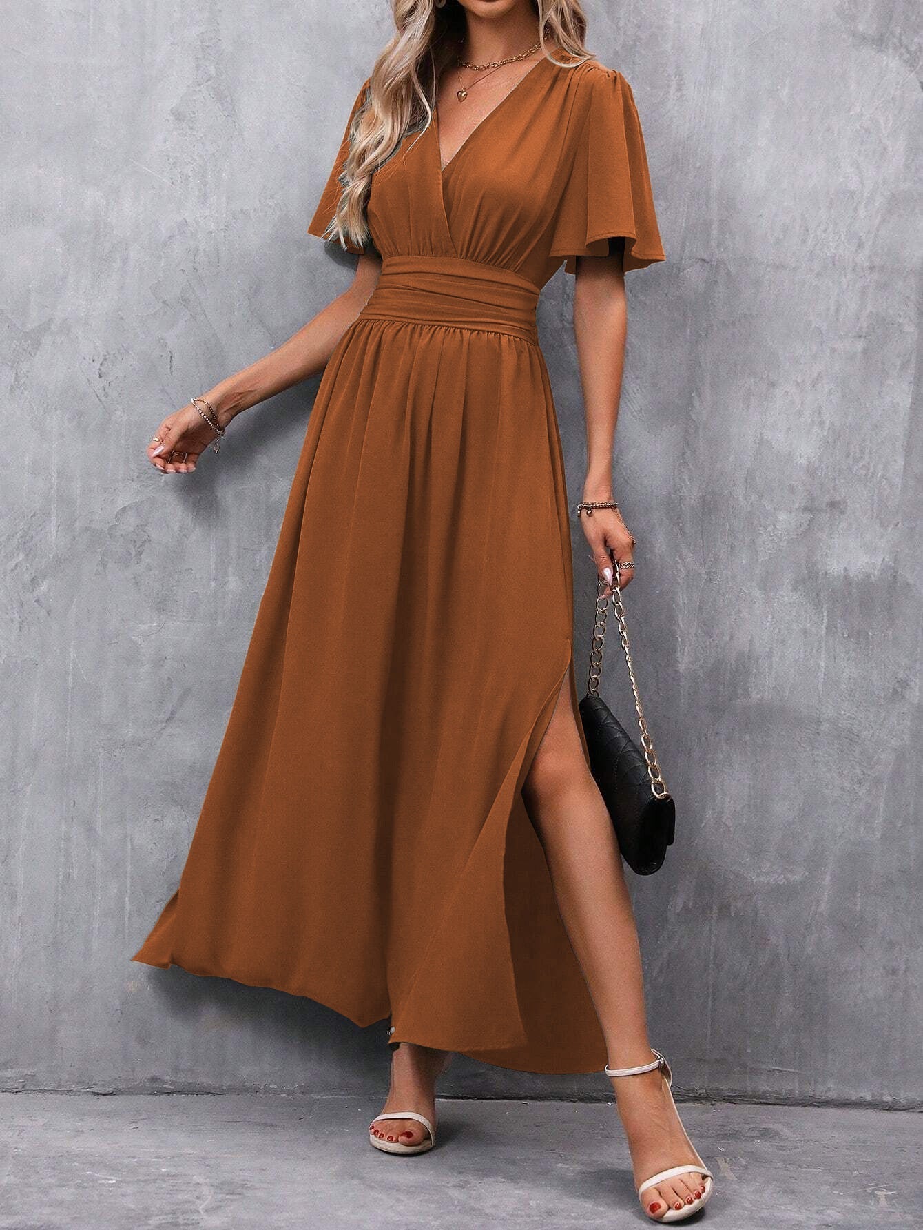 Qoria Dress | Women's Autumn V-Neck Maxi Dress with Side Slit