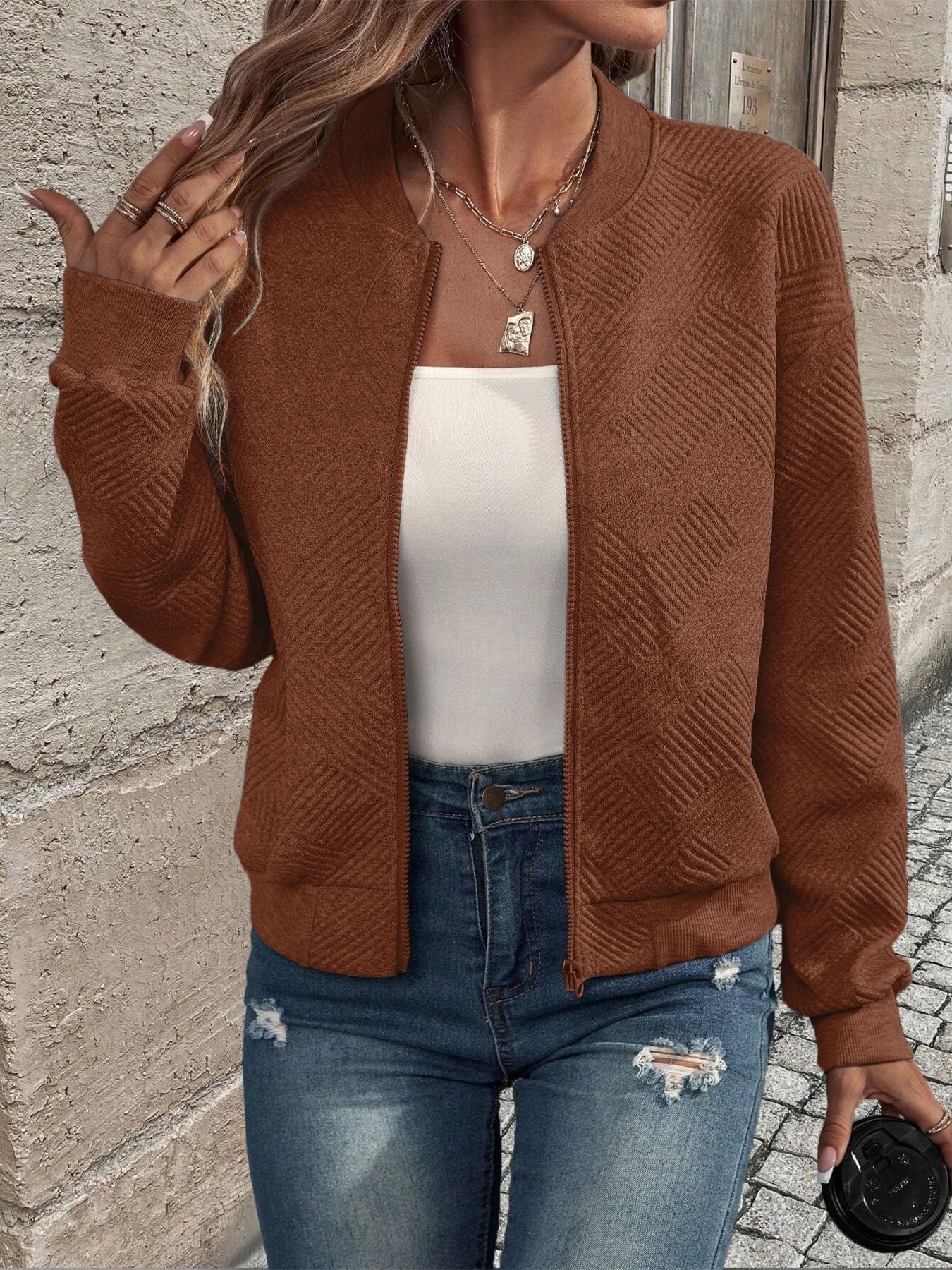 Qamar Cardigan | Women's Autumn Zip-Up Textured Cardigan with Ribbed Hem