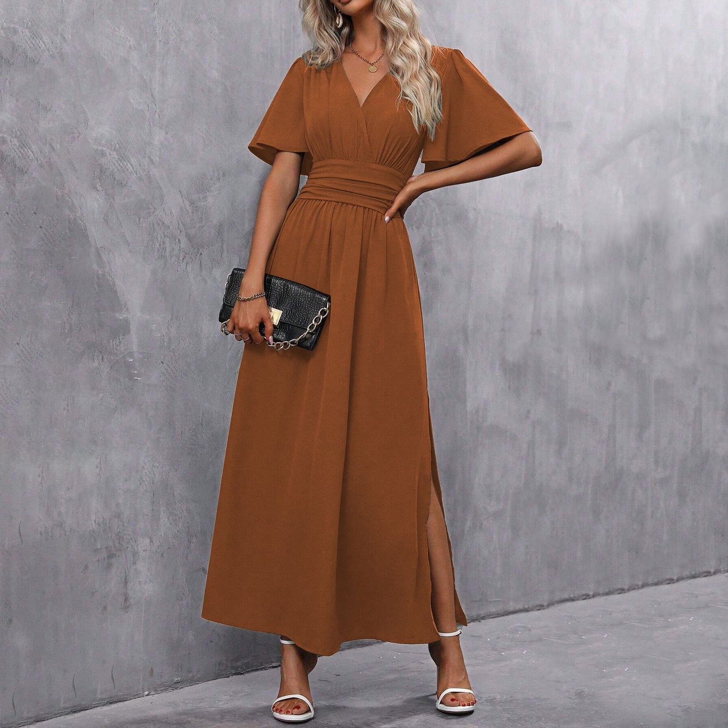 Qoria Dress | Women's Autumn V-Neck Maxi Dress with Side Slit