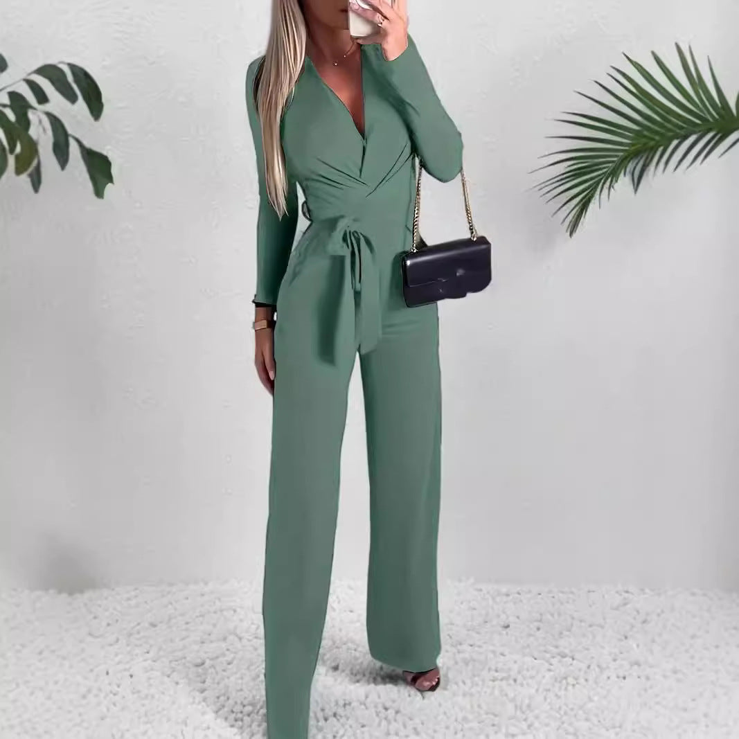 Qistina Jumpsuit | Women's Autumn V-Neck Wrap Jumpsuit with Wide-Leg Pants