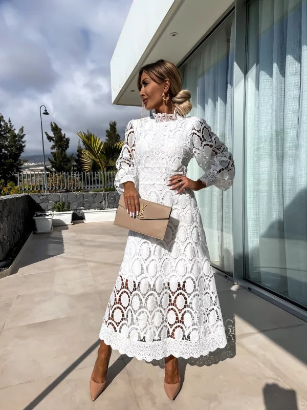 Yasira Lace Dress | Women’s Elegant Midi Lace Dress with Flowy Skirt