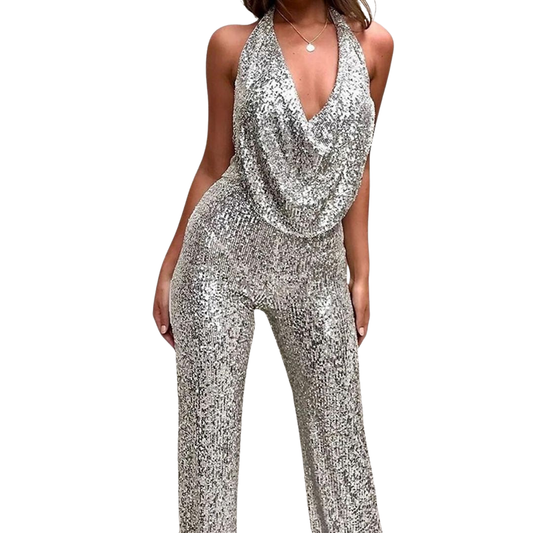 Paulette Jumpsuit | Glitter Jumpsuit with Neckline